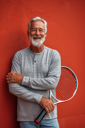 Smiling older man holding a tennis racket, standing against a bold red background, exuding confidence and joyの素材
