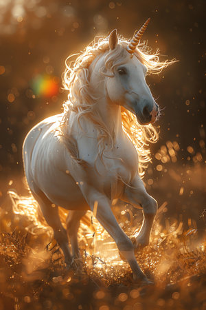 Majestic unicorn galloping through a golden meadow with a rainbow in the sky, dramatic sunset lighting, ethereal atmosphereの素材