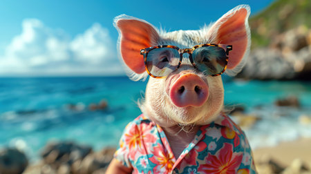 Stylish pig on a beach, wearing sunglasses and a floral shirt, with a bright ocean backgroundの素材