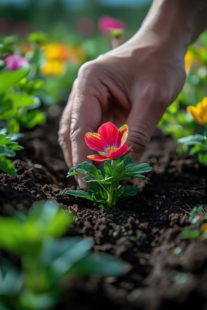 Hands planting vibrant flowers in a sunny garden, surrounded by lush greeneryの素材