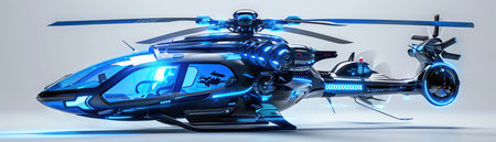 Hightech futuristic helicopter with blue lights on a white backgroundの素材