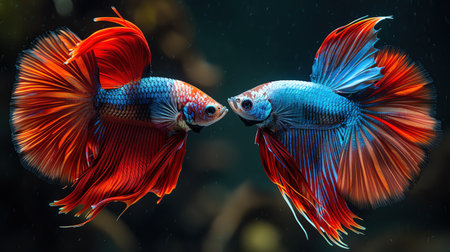Two Betta fish, one red and one blue, facing each other in a dark, aquatic environmentの素材