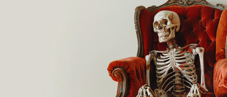 Skeleton casually sitting in a plush red velvet armchair, white background, humorous and spooky atmosphereの素材