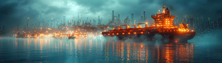 Futuristic cargo ship in a digital landscape, glowing holographic effects, advanced technology at a bustling portの素材