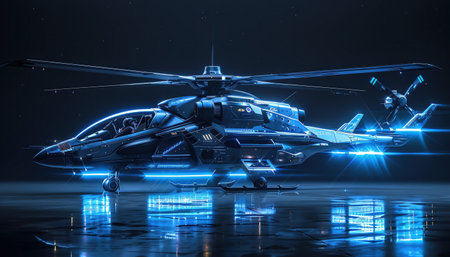 Futuristic combat helicopter with glowing blue lights, sleek design, side view, bright studio lighting, hightech detailの素材