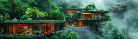 Modern ecofriendly houses nestled in a misty, lush green mountainside, blending architecture with natureの素材