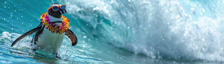Penguin surfing on a wave, wearing sunglasses and a lei, vibrant ocean, action shot, fun and tropicalの素材