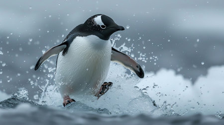 Penguin midleap off an iceberg into icy waters, captured in motion under clear blue skiesの素材