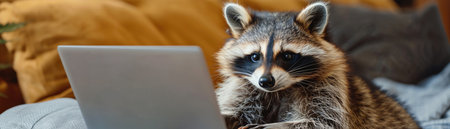 Raccoon using a laptop, cozy indoor setting, natural light, curious and engaged expressionの素材