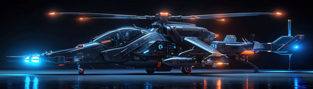 Futuristic combat helicopter with glowing blue lights, sleek design, side view, bright studio lighting, hightech detailの素材