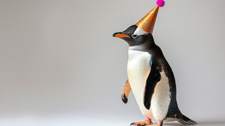 Penguin in a party hat standing on a white background, festive and minimalistの素材