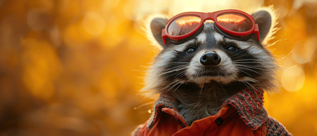 Raccoon wearing red goggles and jacket, smiling wide against a bright yellow backgroundの素材