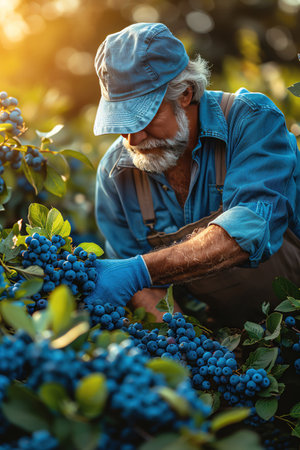 Picking blueberries in a garden, closeup, soft daylight, naturalの素材