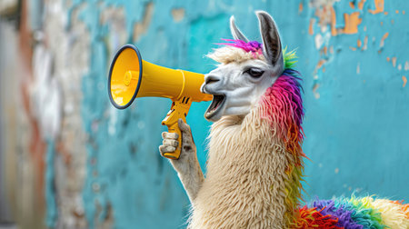 Llama with rainbow hair holding a yellow megaphone, quirky and surreal, light backgroundの素材