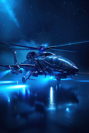 Futuristic combat helicopter with glowing blue lights, sleek design, side view, bright studio lighting, hightech detailの素材