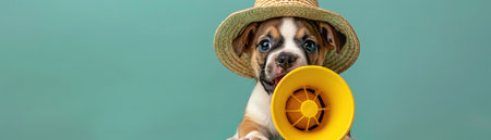 Puppy with yellow megaphone and straw hat, green background, joyful expression, studio lightingの素材