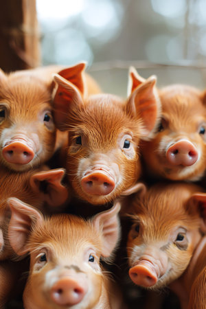 Group of piglets crowded together, curious faces, farm setting, soft focus, natural lightingの素材