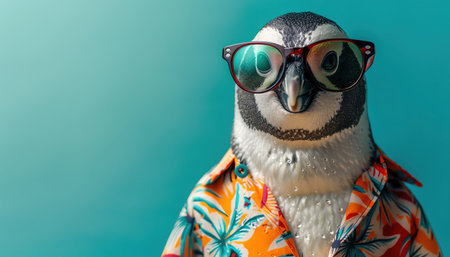 Penguin in Hawaiian shirt and sunglasses, pastel teal background, fun and beachyの素材