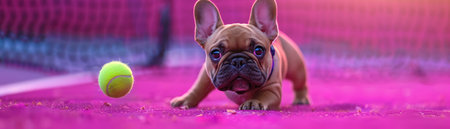 Adorable French Bulldog wearing tennis gear, midstride on a tennis court, holding a ball, with a purple gradient backdropの素材