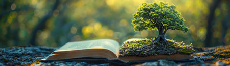 Ancient tree grows from an open book on a wooden desk, leaves glowing in the sunlight, symbolizing knowledge and growthの素材