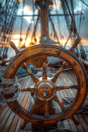 Closeup of a wooden ships wheel, gleaming under sunlight, with ropes in the backgroundの素材