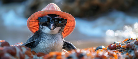 Penguin on a sunny beach, wearing sunglasses and a hat, enjoying summerの素材