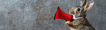 Rabbit holding red megaphone, neutral gray background, focused closeup, sharp detailの素材