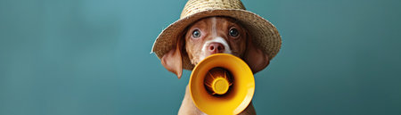 Puppy with yellow megaphone and straw hat, green background, joyful expression, studio lightingの素材