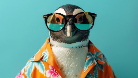 Penguin in Hawaiian shirt and sunglasses, pastel teal background, fun and beachyの素材