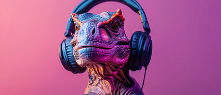 Trex wearing headphones, vibrant purple background, playful and modernの素材
