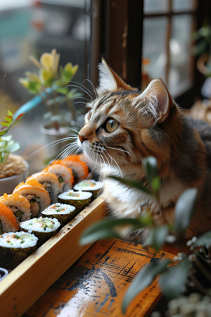 A curious cat intently eyeing a platter of sushi rolls in a cozy restaurantの素材