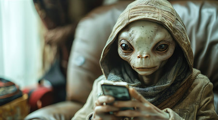 Alien with a smartphone, serious expression, dim lighting, scifi atmosphereの素材