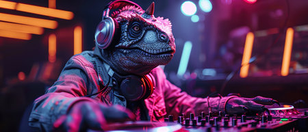 A dinosaur DJ, wearing headphones, mixes tracks under vibrant neon lights at a clubの素材