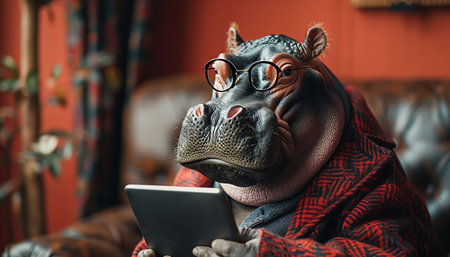 A hippo in a suit holding a tablet, wearing glasses, against a red background, looking sophisticatedの素材