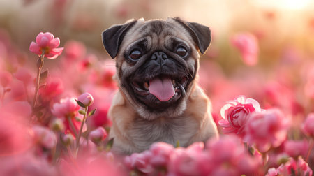 Adorable pug sitting in a sea of pink flowers, playfully sticking out its tongueの素材