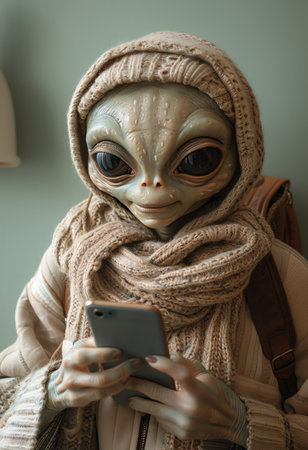 Alien with large eyes, concentrating on a smartphone, light green backgroundの素材