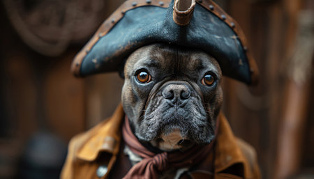 French bulldog in a pirate outfit, serious expression against a dark backgroundの素材