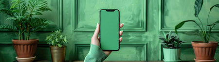 Hand holding smartphone with a green screen, against a solid green backgroundの素材