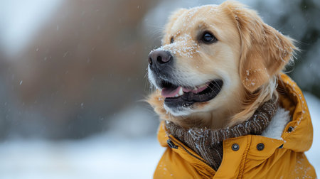 Golden retriever wearing a yellow jacket, sitting on snowcovered mountainsの素材