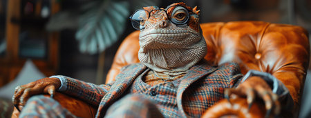 Lizard in a suit, sitting in a modern office, intense gaze, moody lightingの素材
