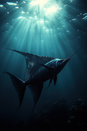 Sailfish swimming gracefully underwater, illuminated by sunlight in a deep blue oceanの素材