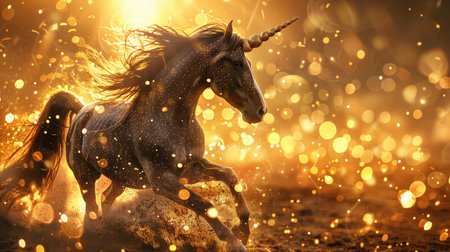 Majestic unicorn with a sparkling golden backgroundの素材