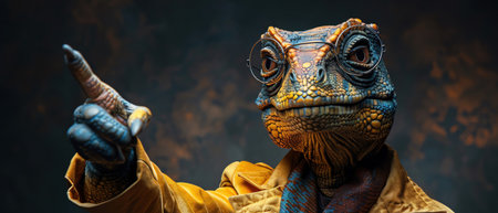 Person in a TRex mask and yellow suit, pointing confidently with a dark backgroundの素材