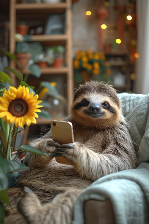 Sloth at a desk, holding a smartphone, cozy office setting, focused expressionの素材