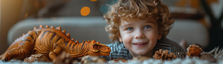 Smiling boy playing with a toy dinosaur in a cozy roomの素材