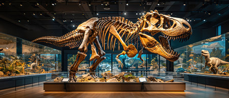 Tyrannosaurus rex skeleton displayed in a dramatic museum exhibitの素材