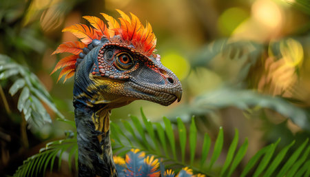 Closeup of a feathered dinosaur with bright red crest, set in a prehistoric forestの素材