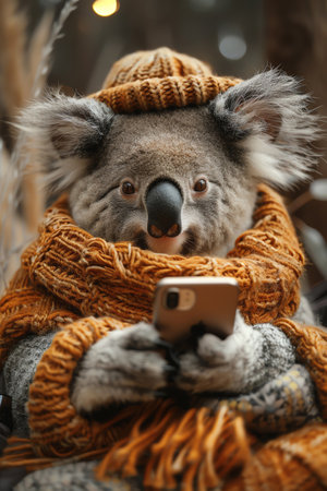 Koala in a hat and scarf, holding a smartphone, warm background, cozy and cuteの素材