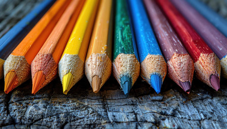 Assortment of colorful pencils arranged on a rustic wooden background, playful and artistic setupの素材