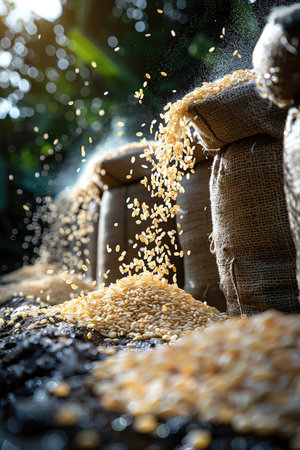 Closeup of rice grains falling on a pile, with sacks in the backgroundの素材